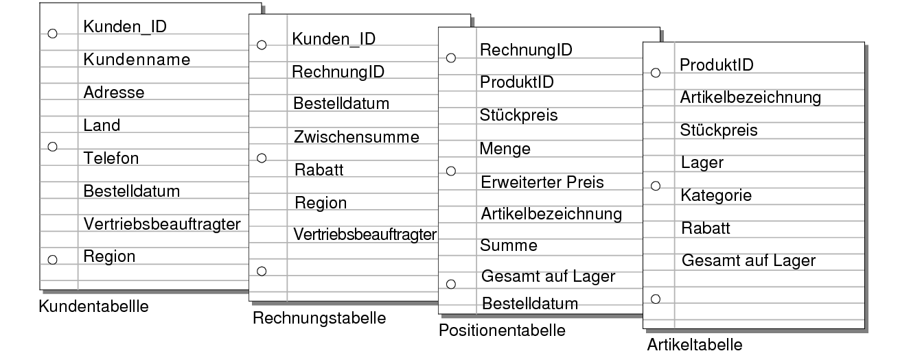 Felder in den Tabellen "Kunden", "Rechnungen", "Catering-Positionen" und "Produkte"
