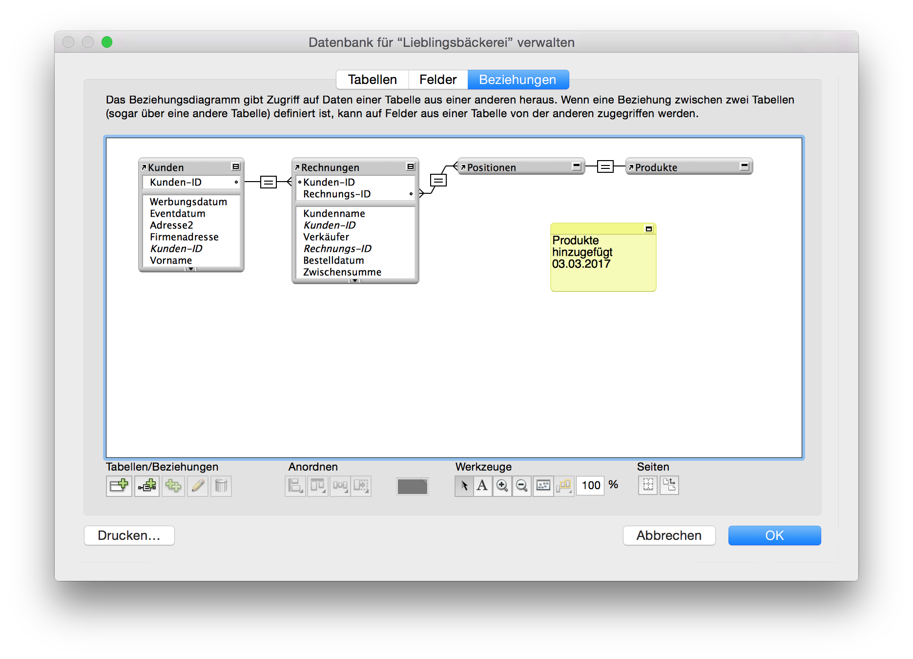 Beziehungsdiagramm mit Bezugstabellen und einem Texthinweis