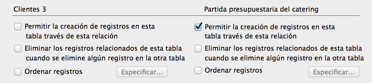 Sección del cuadro de diálogo Editar relación que muestra la opción seleccionada Permitir la creación de registros en esta tabla a través de esta relación