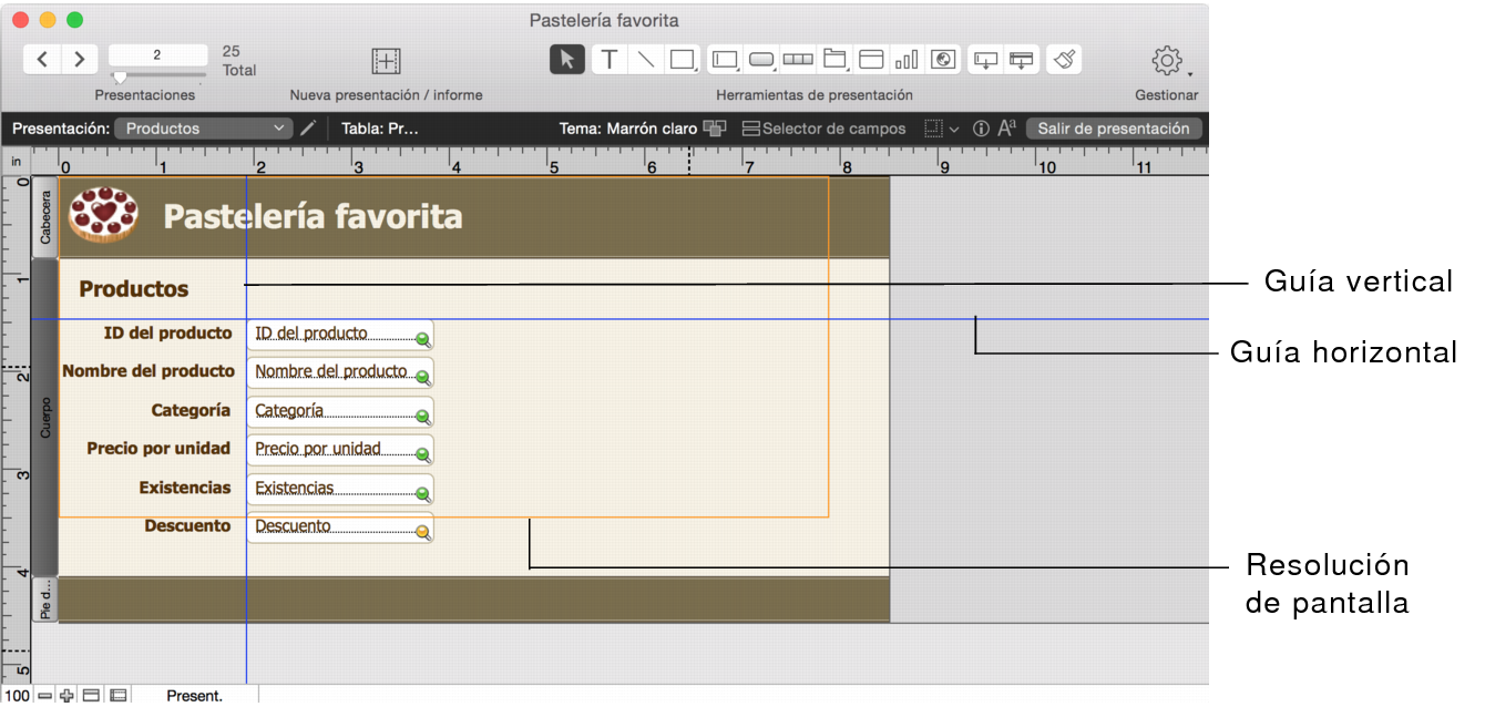 Presentación en la que se muestran las guías vertical y horizontal, y la resolución de pantalla