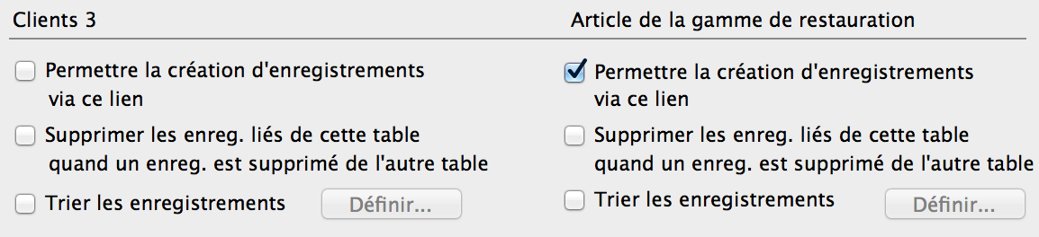 Section de la boîte de dialogue Modifier le lien présentant la case à cocher Permettre la création d'enregistrements dans cette table via ce lien sélectionnée