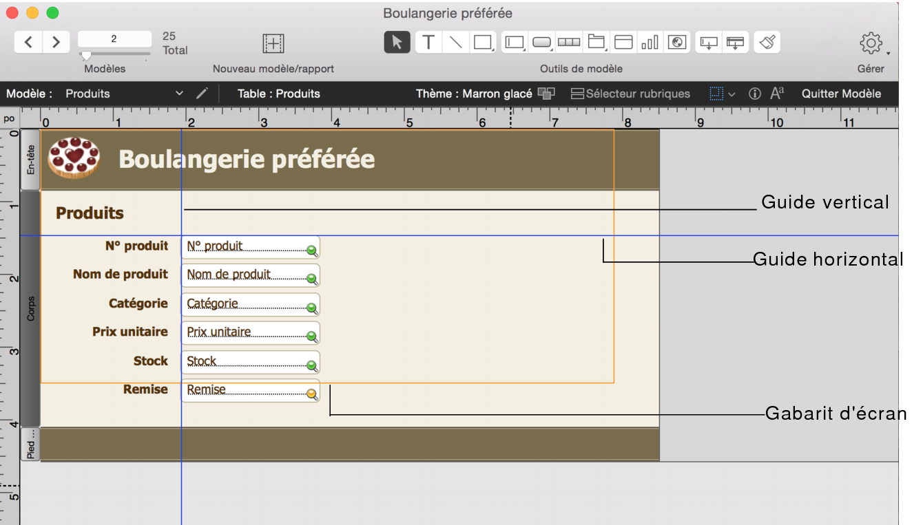 Modèle avec guides horizontaux et verticaux et gabarit d’écran affiché
