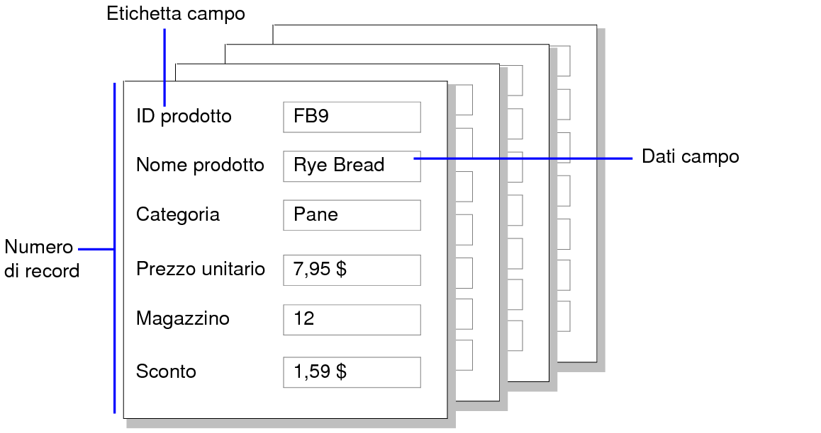 Esempio di record, dati dei campi ed etichette dei campi