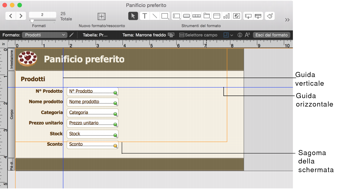 Formato con guide orizzontali e verticali e con sagoma della schermata visualizzata
