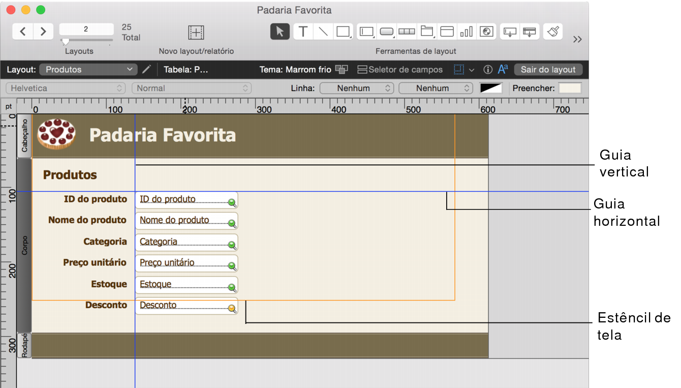 Layout com guias horizontal e vertical e estêncil de tela exibidos