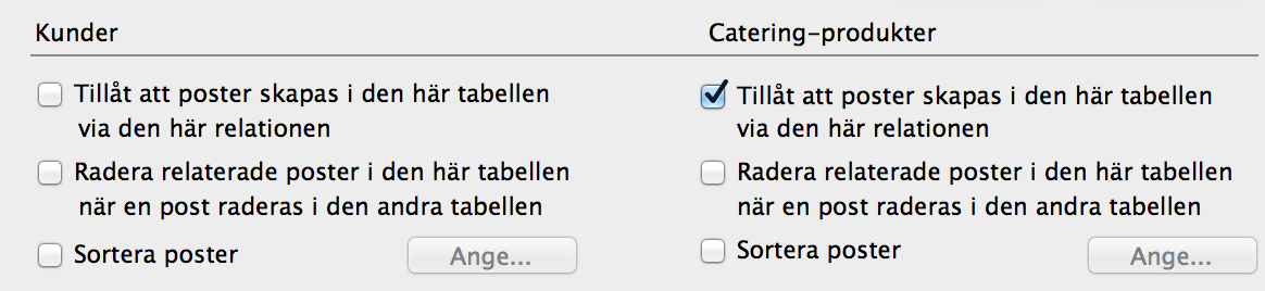 Del av dialogrutan Ändra relation med alternativet Tillåt att poster skapas i den här tabellen via den här relationen markerat