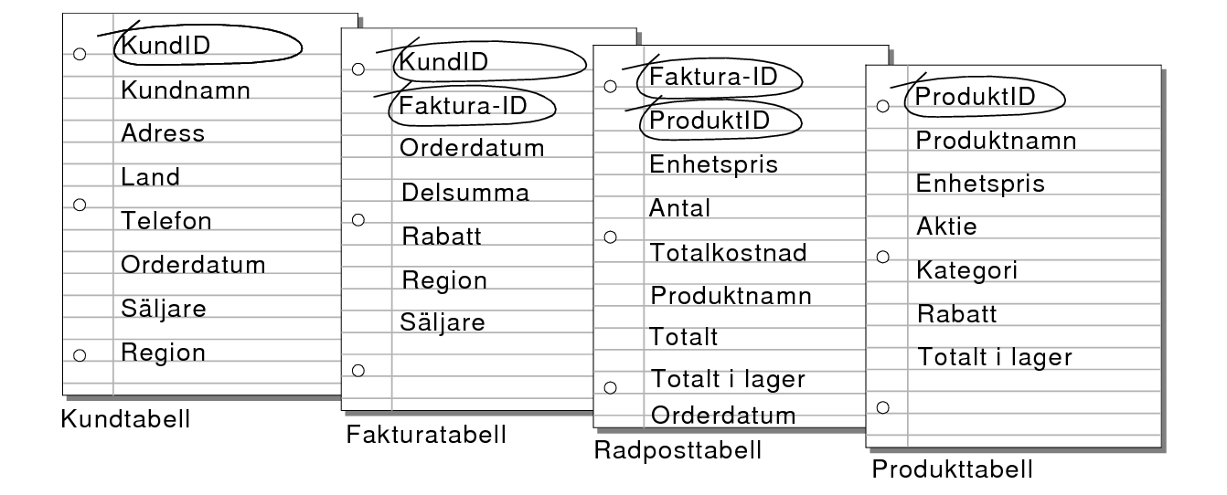 Matcha fält i tabeller för kunder, fakturor, radposter och produkter